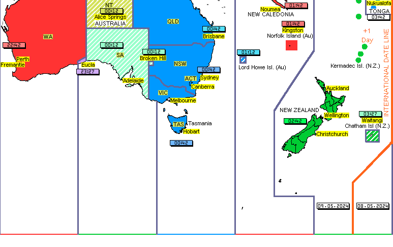 Australia time zones map, New Caledonia time zones map, Norfolk island time zones map, Chatham island time zones map, Lord Howd time zones map, New Zealand time zones map, Tonga time zones map, International Date Line, Tasmania time zones map, Kermadec time zones map