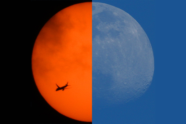 Airplane Boeing 787-9 Dreamliner flight KLM 621 from Amsterdam to Atlanta passing in front of the Sun high above New Jersey on May 3, 2020 photo Alexander Krivenyshev WorldTimeZone