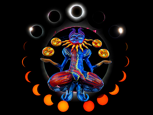 Composite image Total Solar Eclipse phases with one of the monigote sculptures Arlequn de Carnaval installed along Mazatlan malecon for 2024 Eclipse Barroco  worldtimezone world time zone