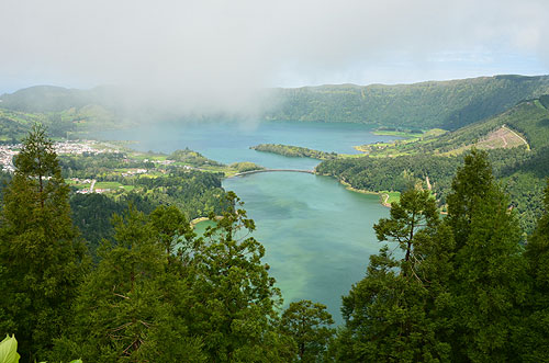 Sete Cidades green Lagoa Verde and blue Lagoa Azul crater lakes Azores
