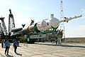 Soyuz rocket moves to the launch pad at Baikonur Cosmodrome