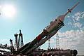 Soyuz rocket mounting on the launch pad at Baikonur cosmodrome