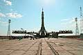 Soyuz rocket is erected into position at the launch pad at Baikonur Cosmodrome