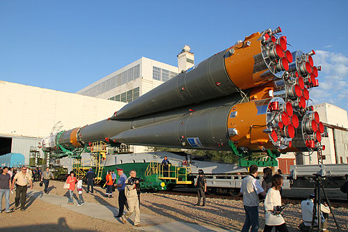 Roll-out of the Soyuz rocket from the assembly building Baikonur cosmodrome