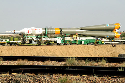 Soyuz TMA-02M spacecraft is rolled out by train on its way to the launch pad Baikonur cosmodrome tour