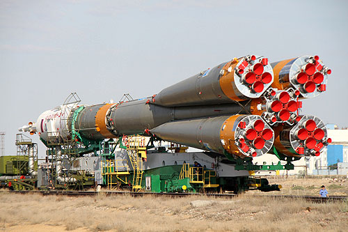Soyuz rocket makes its way to the launch site at Baikonur Cosmodrome by rail Kazakhstan Baikonur cosmodrome tour