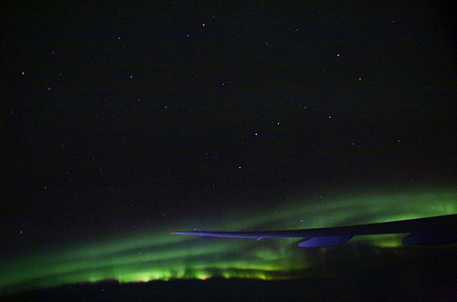 Big Dipper and Aurora Borealis out the airplane window  Photo Alexander Krivenyshev WorldTimeZone