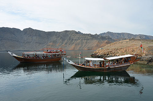 Traditional Omani dhow by Telegraph Island Khor Ash Sham fjord Oman worldtimezone travel