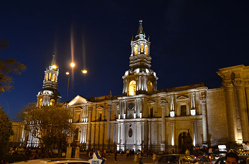 Basilica Cathedral of Arequipa at night Plaza de Armas Arequipa Peru worldtimezone travel