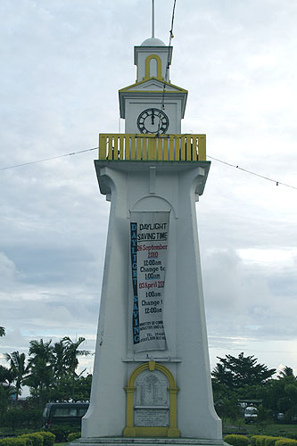 Apia Clock tower with sign that Daylight Saving Time starts on 26 September 2010 and ends on 03 April 2011 Upolu Samoa photo Alexander Krivenyshev WorldTimeZone