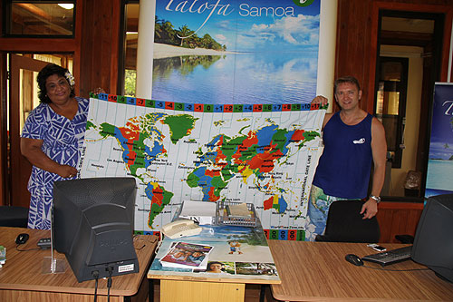 Samoa Tourism Authority staff posing with World Time Zone sarong Photo Alexander Krivenyshev WorldTimeZone