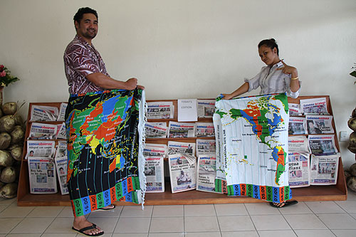 Samoa Observer staff posing with WorldTimeZone sarong Upolu Samoa photo Alexander Krivenyshev WorldTimeZone