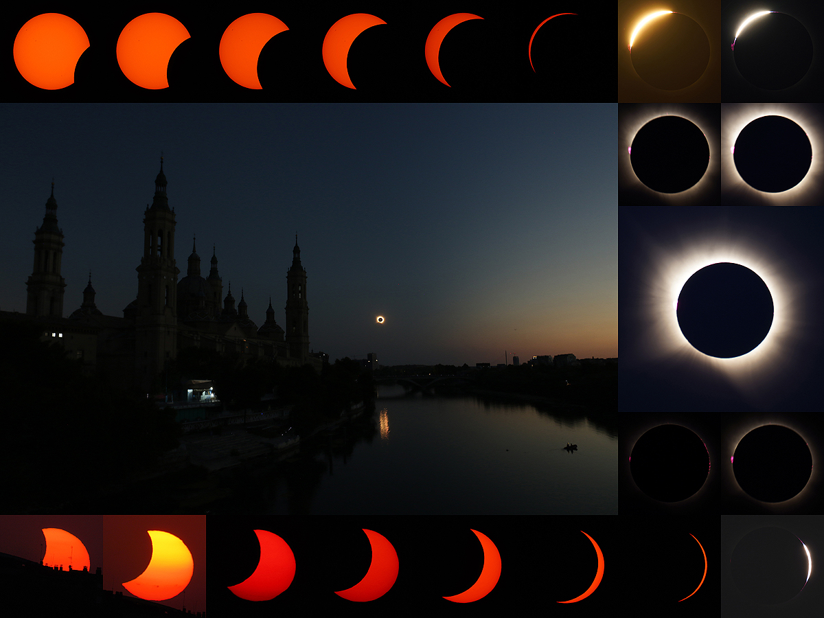 Total Solar Eclipse on August 12, 2026, in Zaragoza, Spain, showing different partial phases of the eclipse and wide-angle views above the historic Catedral-Basílica de Nuestra Senora del Pilar, along with the reflection of Totality in the Ebro River worldtimezone world time zone photo Alexander Krivenyshev WorldTimeZone