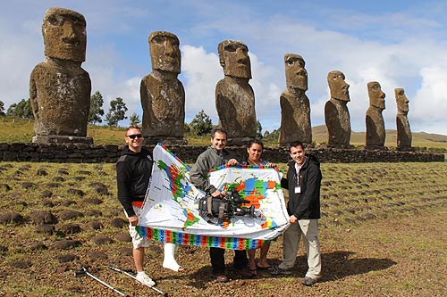Chilean TV crew with World Time Zone Kanga Ahu Akivi with seven moai on Rapa Nui Easter Island