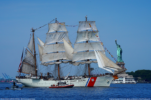 USCGC EAGLE  sails past the Statue of Liberty during the Sail4th 250 Parade of Tall Ships on July 4, 2026 in New York Harbor  WorldTimeZone
