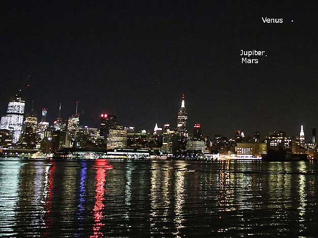 Planetary Parade over New York city Venus Jupiter Mars and Mercury view from New Jersey