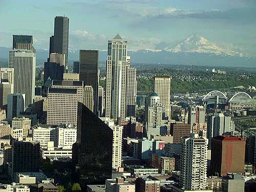 Seattle view from the Space Needle Mt. Rainier in the background