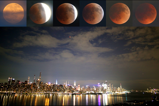 Views of Total Lunar Eclipse of May 15, 2022 over New York City- travel with world time zones